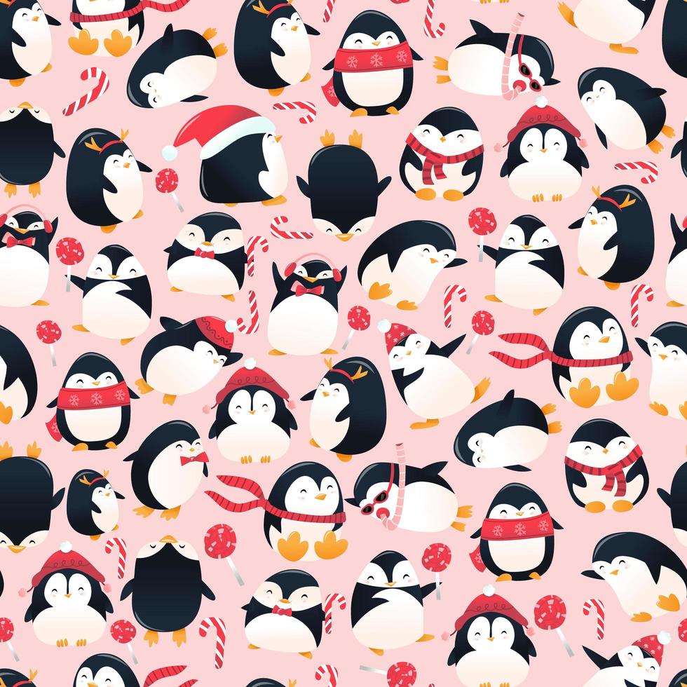 Super Cute Cartoon Holiday Penguins Seamless Pattern vector