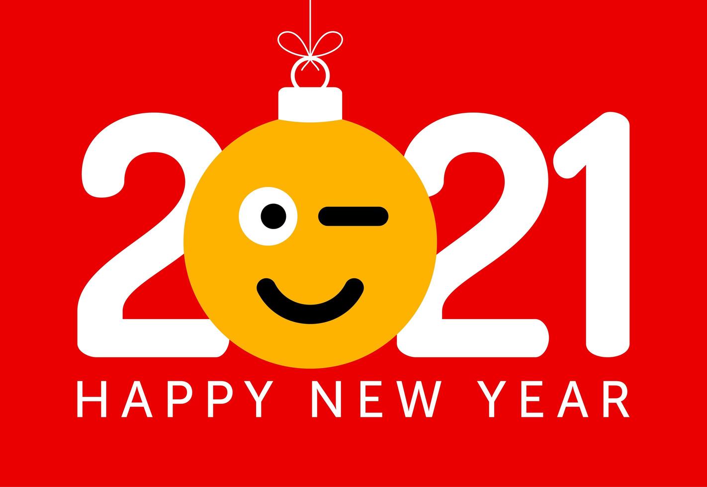 Saludo de año nuevo 2021 con adorno de cara emoji guiñando un ojo vector