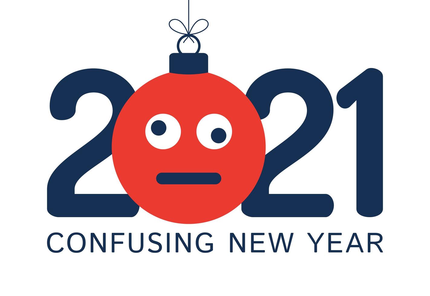 Saludo de año nuevo 2021 con adorno de cara de emoji confundido vector