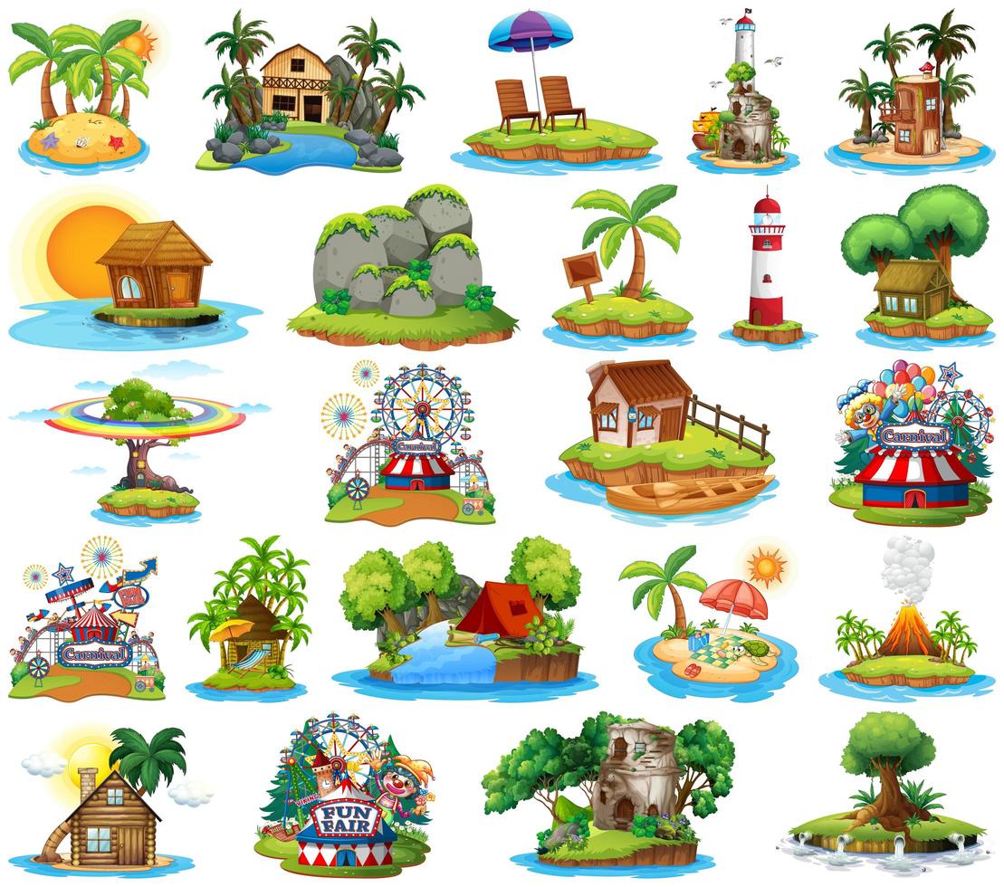 Conjunto de diferentes bangalows y tema de playa de la isla y parque de atracciones aislado sobre fondo blanco. vector