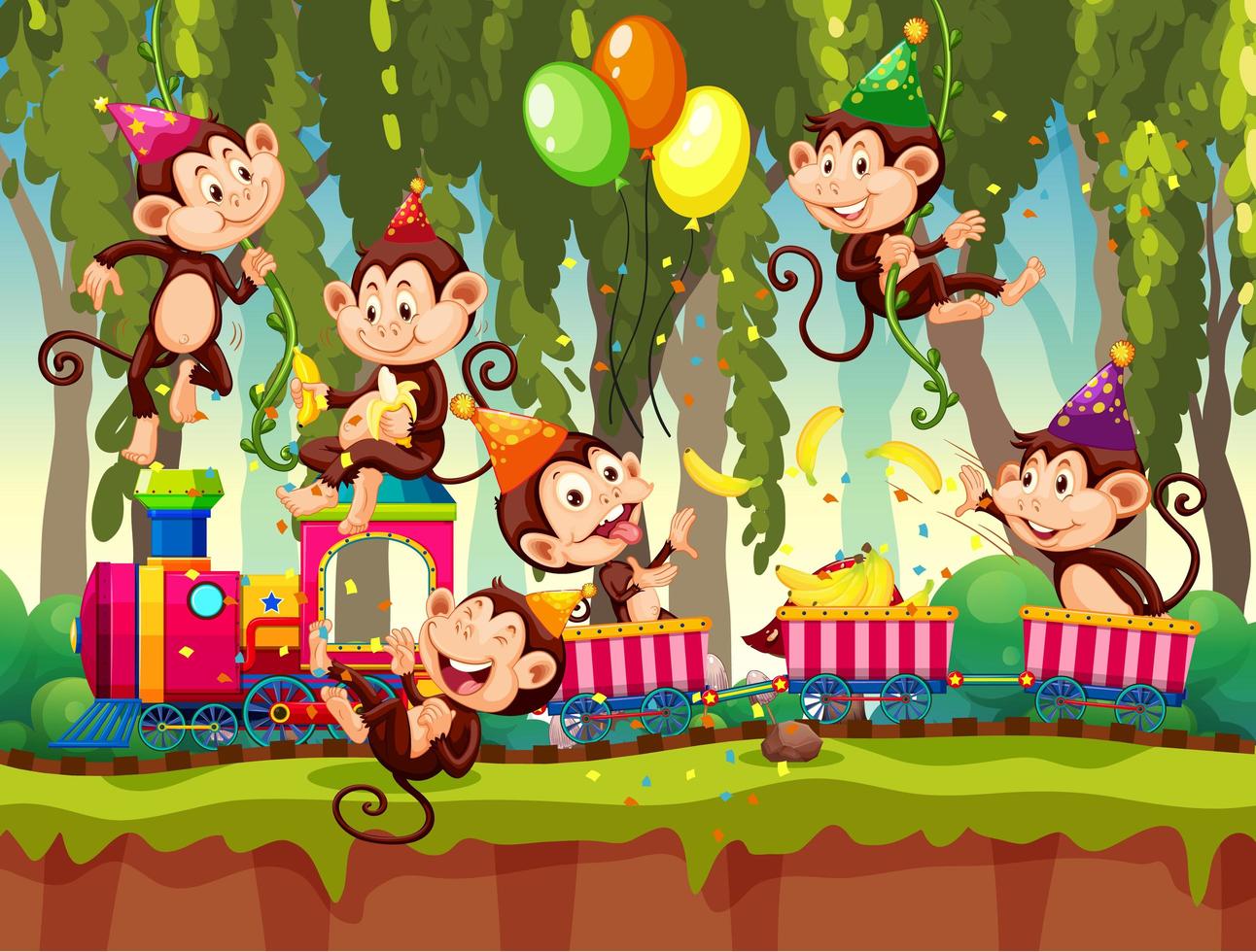 Many monkeys in party theme in nature forest background vector