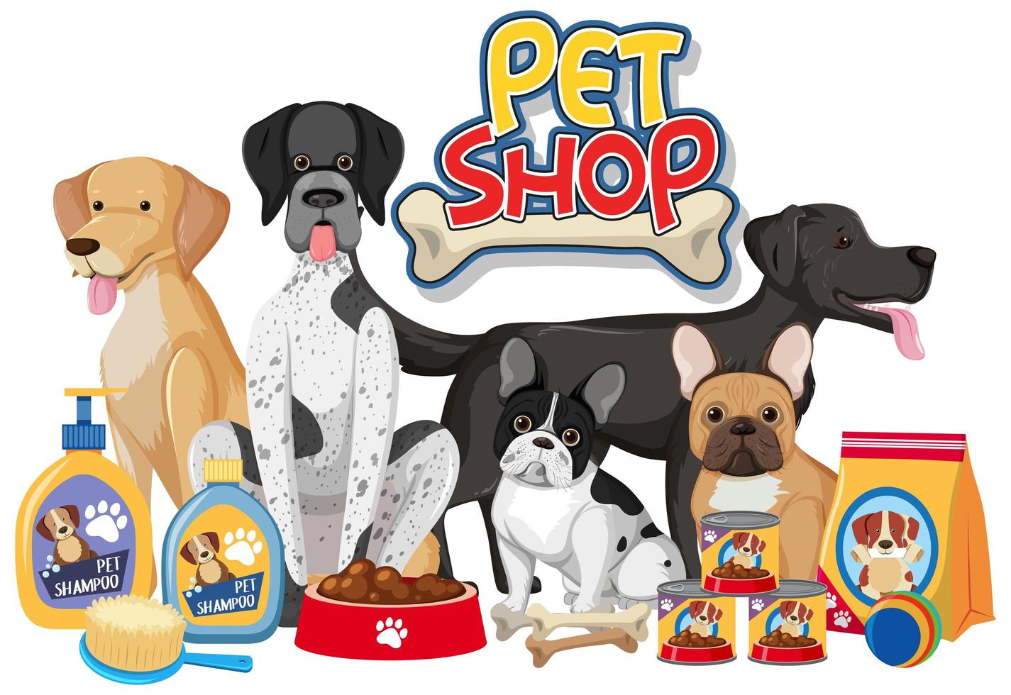 Dog group with product of dog elements on white background vector