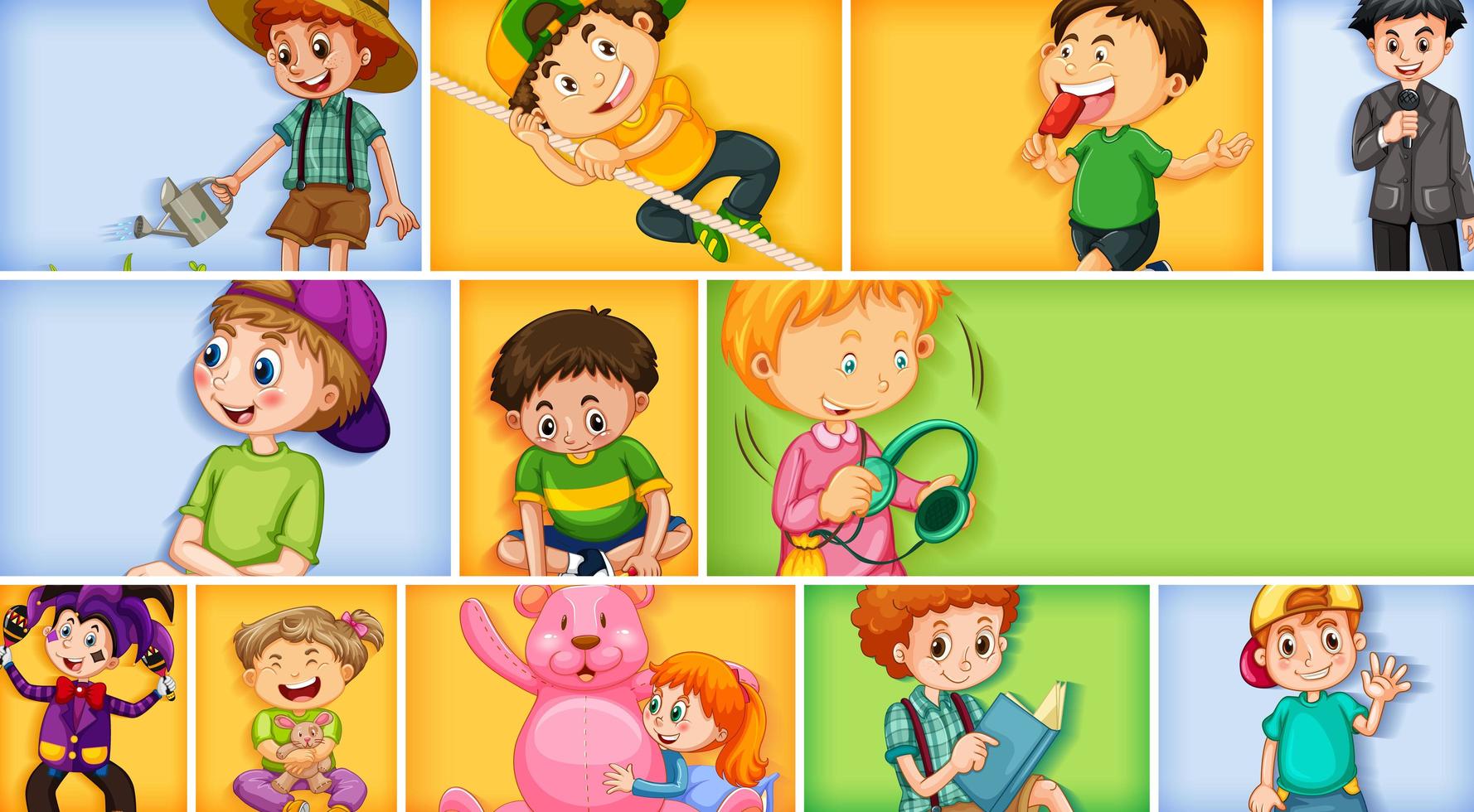 Conjunto de diferentes personajes infantiles sobre fondo de color diferente vector