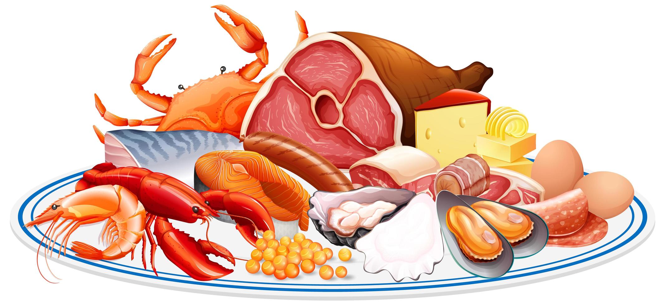 Alimentos frescos o grupos de proteínas alimentarias, como carne, mariscos, huevos y nueces en un grupo aislado sobre fondo blanco. vector