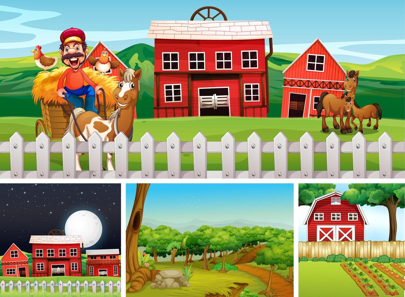 Set of different farm scenes with animal farm cartoon style vector