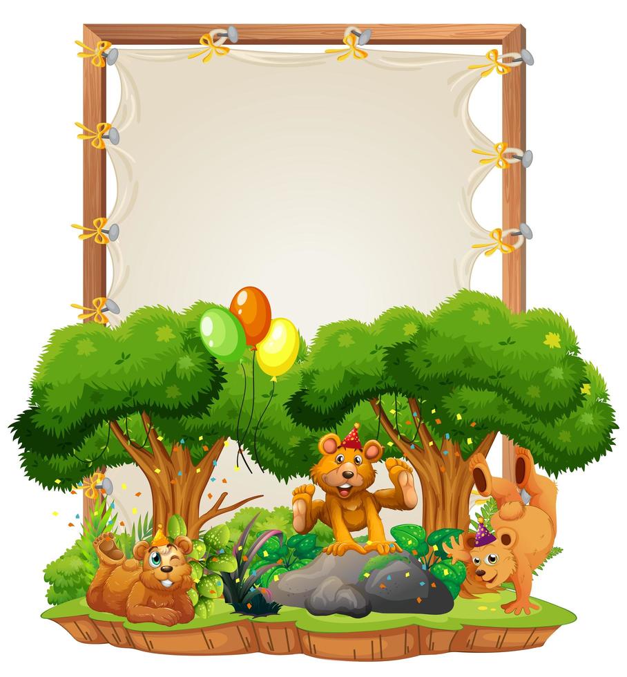 Plantilla de marco de madera de lienzo con osos en tema de fiesta aislado vector