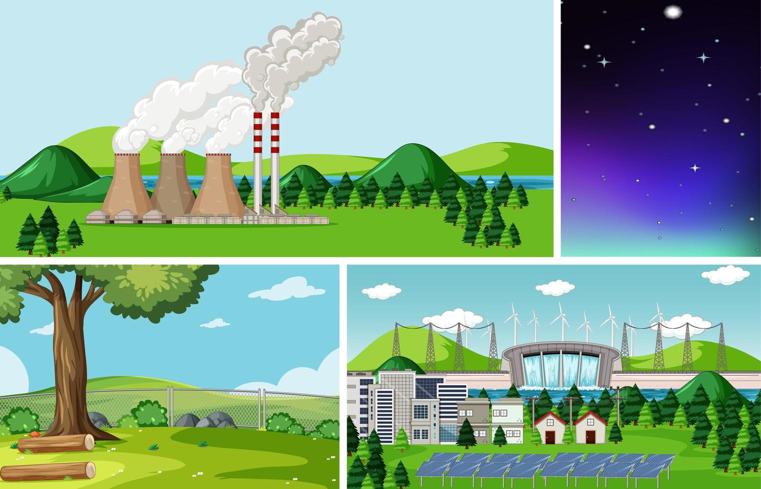 Four different scenes in nature setting cartoon style vector