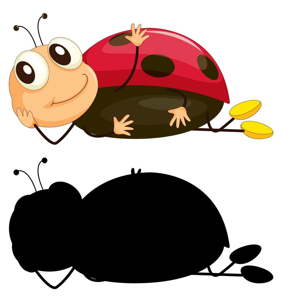 Set of insect cartoon character and its silhouette on white background vector