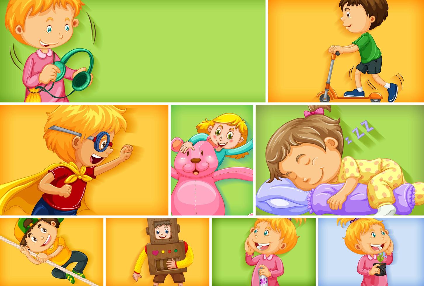 Conjunto de diferentes personajes infantiles sobre fondo de color diferente vector