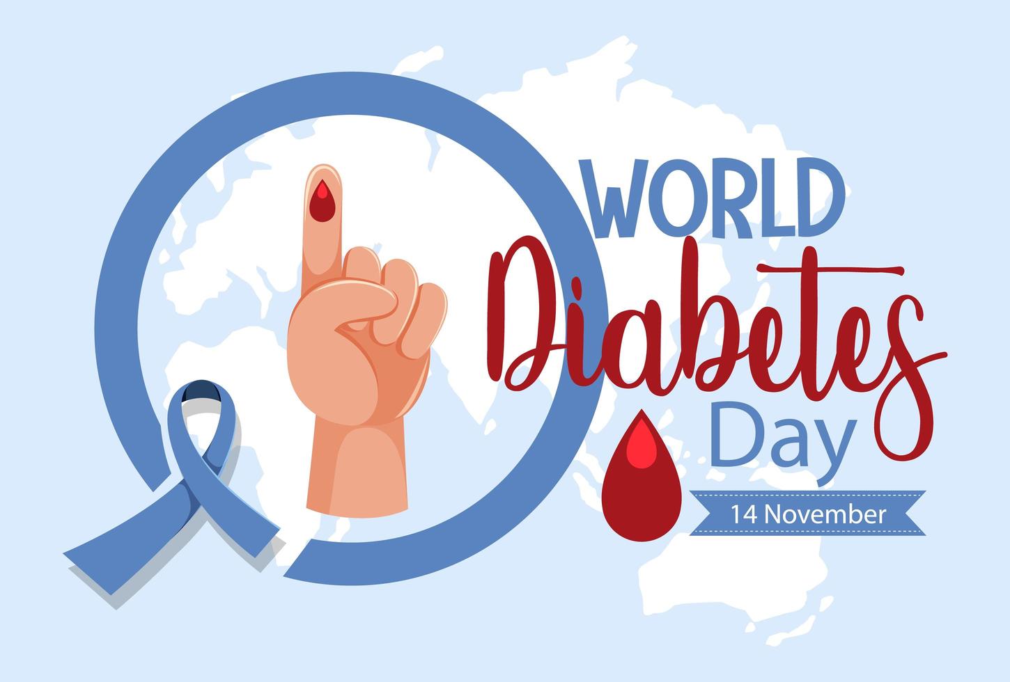 logotipo del día mundial de la diabetes o banner con gota de sangre en el dedo vector