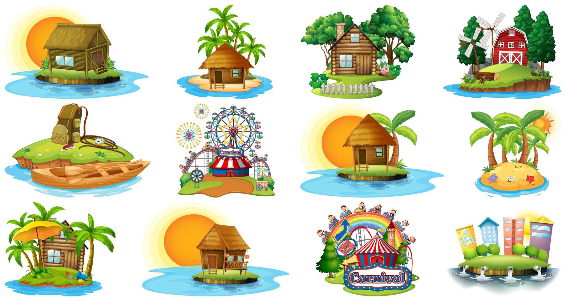 Conjunto de diferentes bungalows y tema de playa de la isla. vector