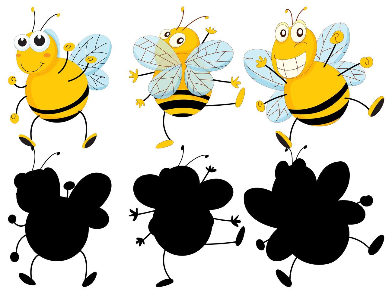Conjunto de personaje de dibujos animados de insectos y su silueta sobre fondo blanco. vector