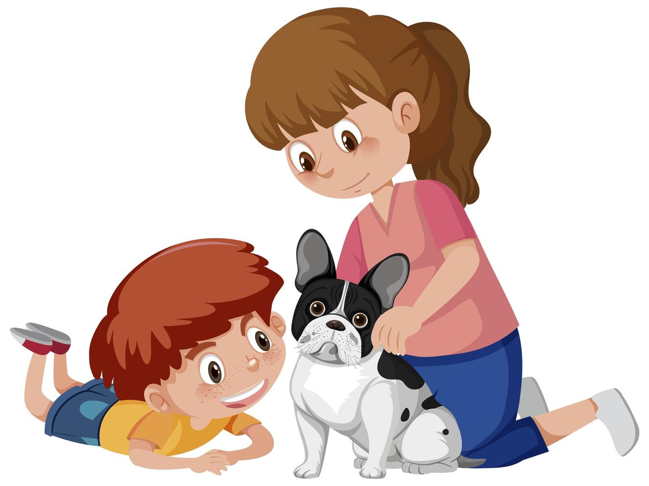 Two kids playing with cute dog on white background vector