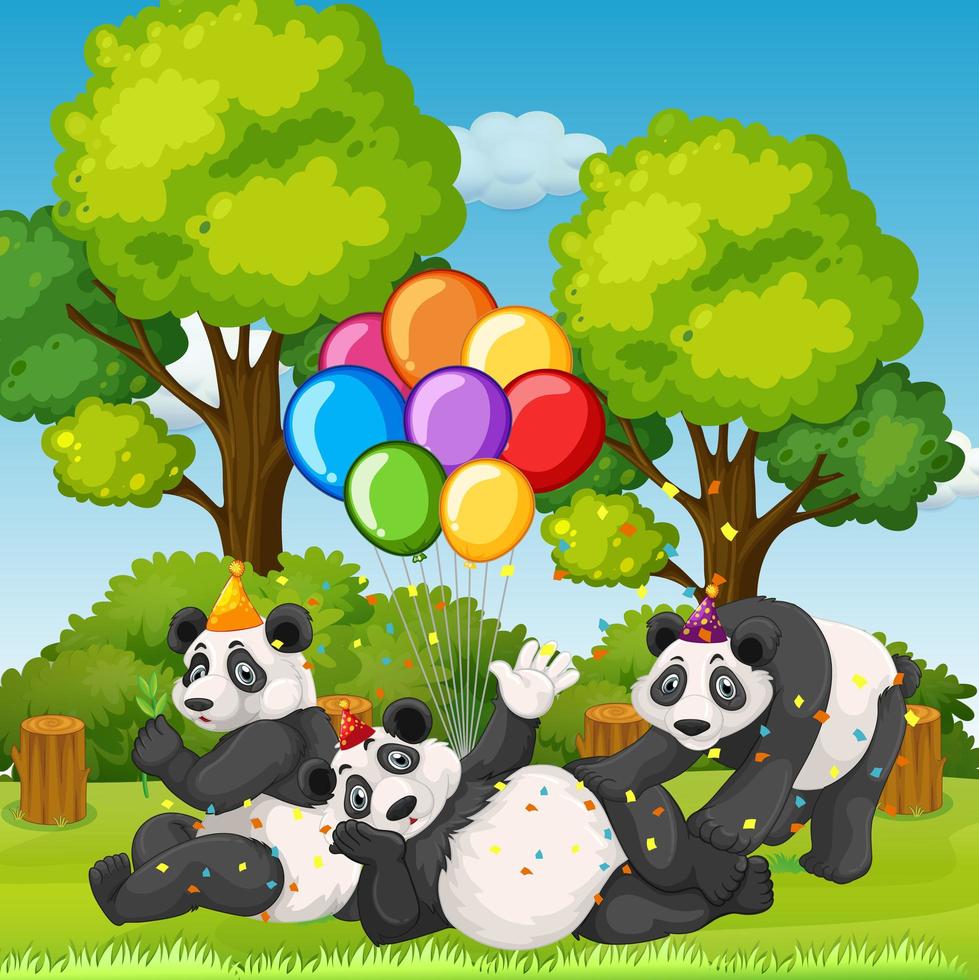 Muchos pandas en el tema de la fiesta en el fondo del bosque de la naturaleza vector