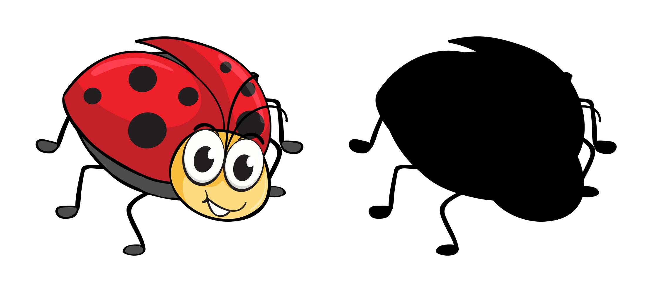 Conjunto de personaje de dibujos animados de insectos y su silueta sobre fondo blanco. vector