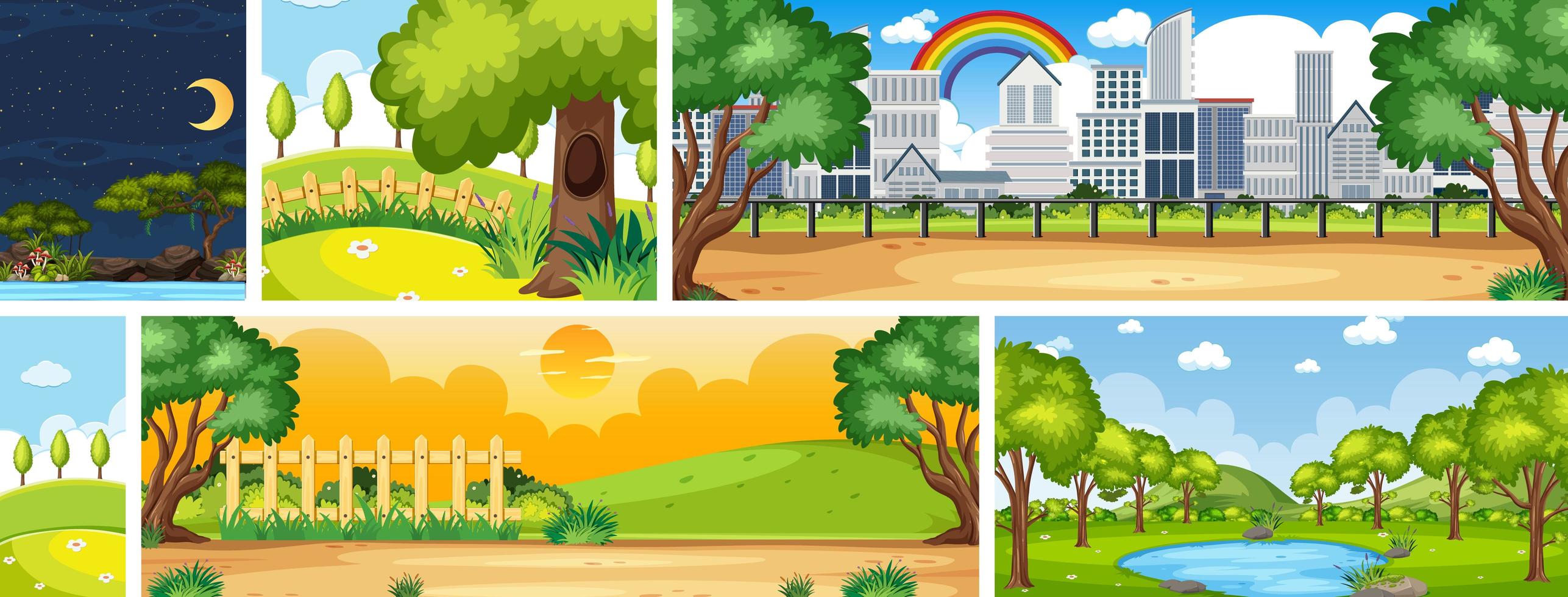 Set of different nature place scene in vertical and horizon scenes at daytime and night vector
