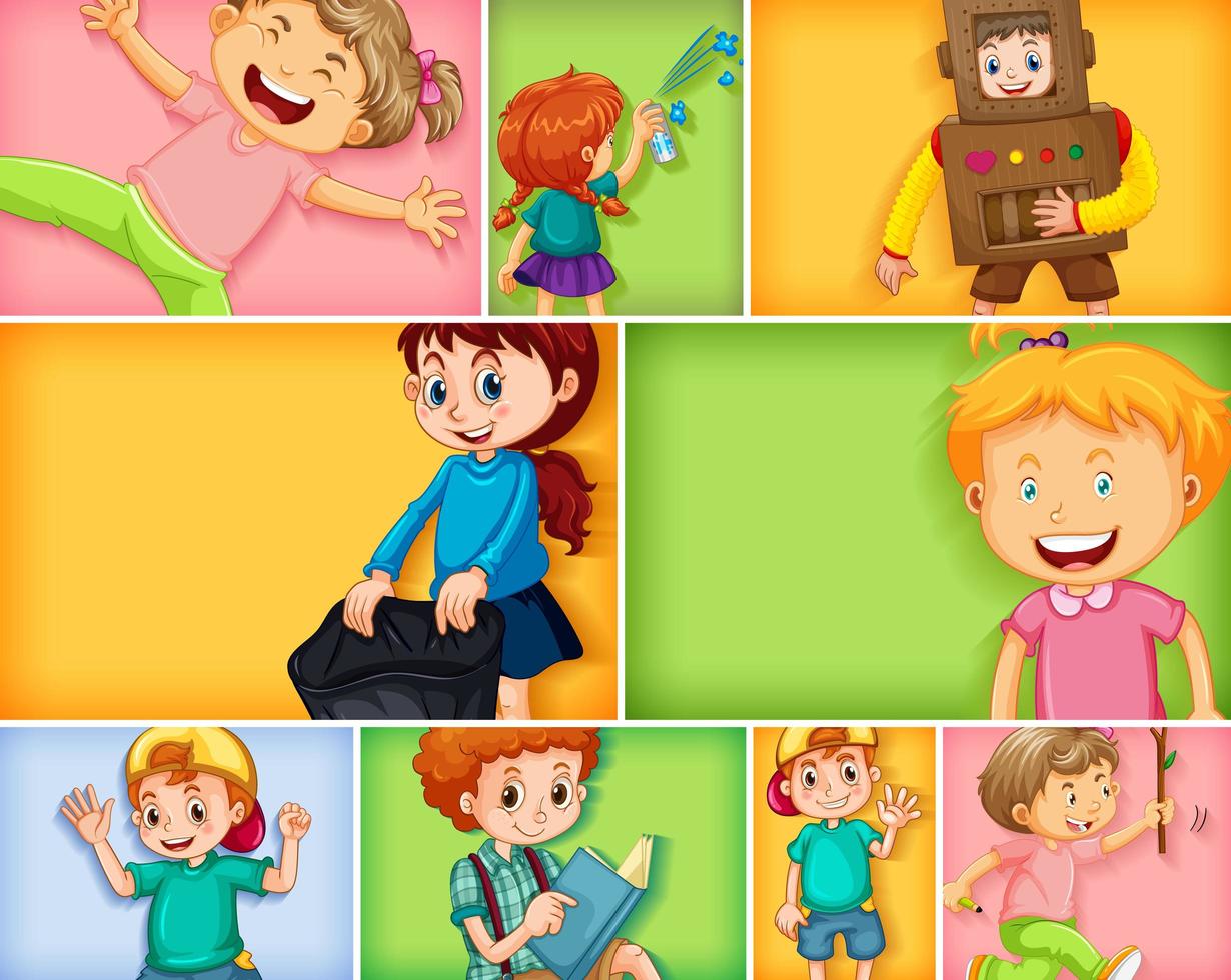 Conjunto de diferentes personajes infantiles sobre fondo de color diferente vector