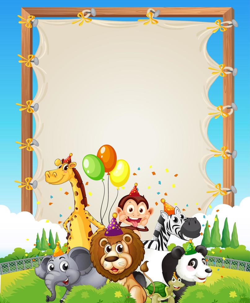 Canvas wooden frame template with wild animals in party theme on forest background vector