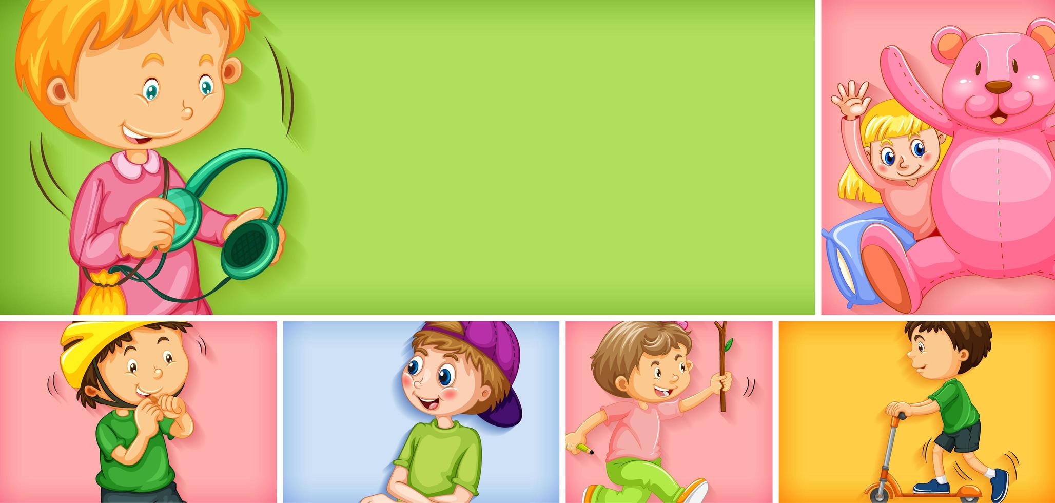 Set of different kid characters on different color background vector