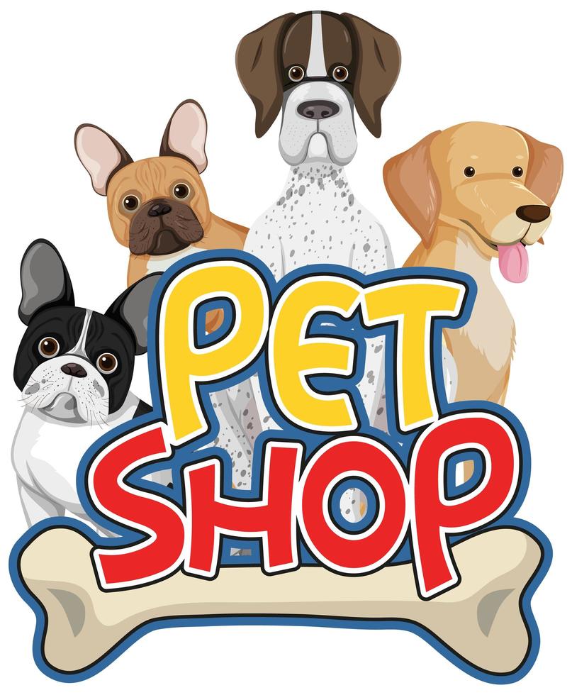 Logotipo de cuidado de mascotas o banner con perros lindos sobre fondo blanco. vector