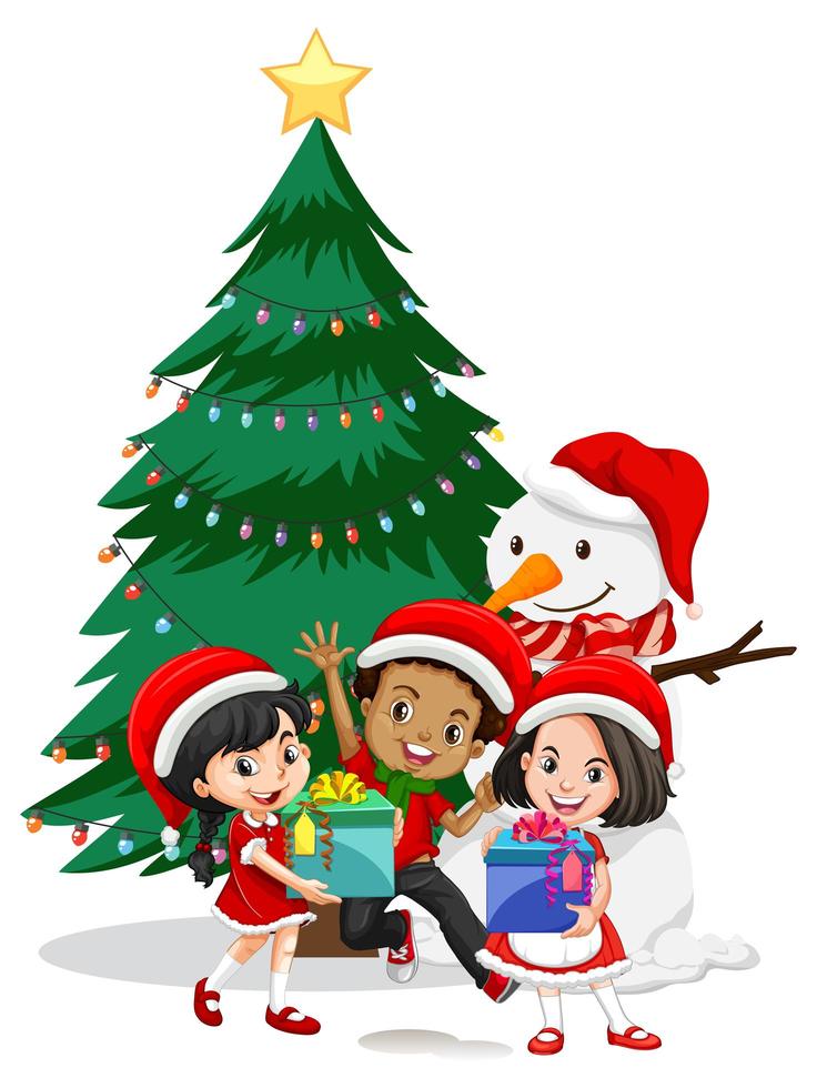 Children wear Christmas costume cartoon character with snowman on white background vector