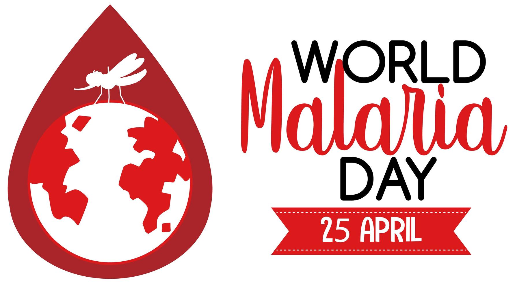 logotipo del día mundial de la malaria o pancarta con mosquitos y la tierra sobre fondo de gota de sangre vector