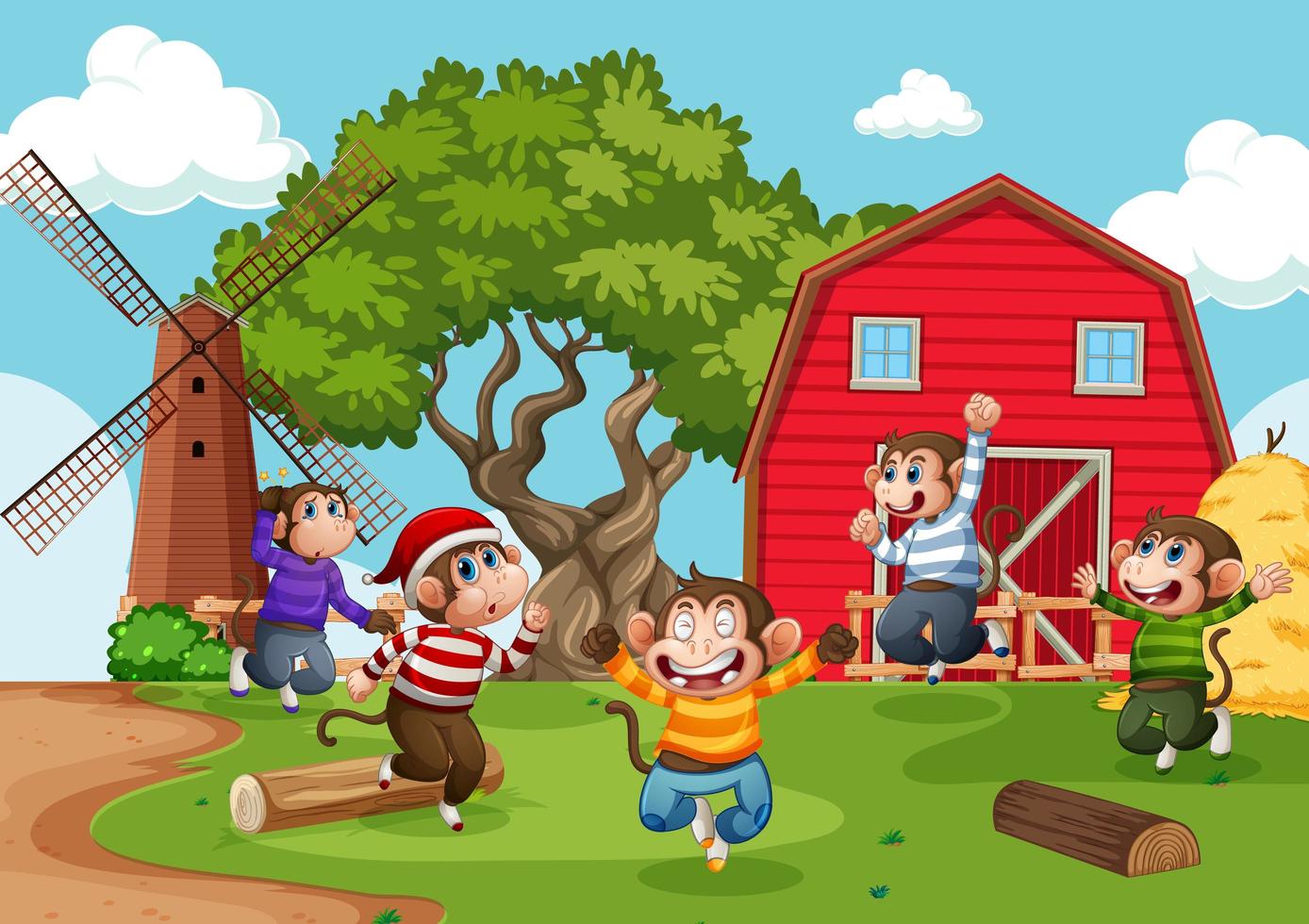 Five little monkey jumping in the farm scene vector