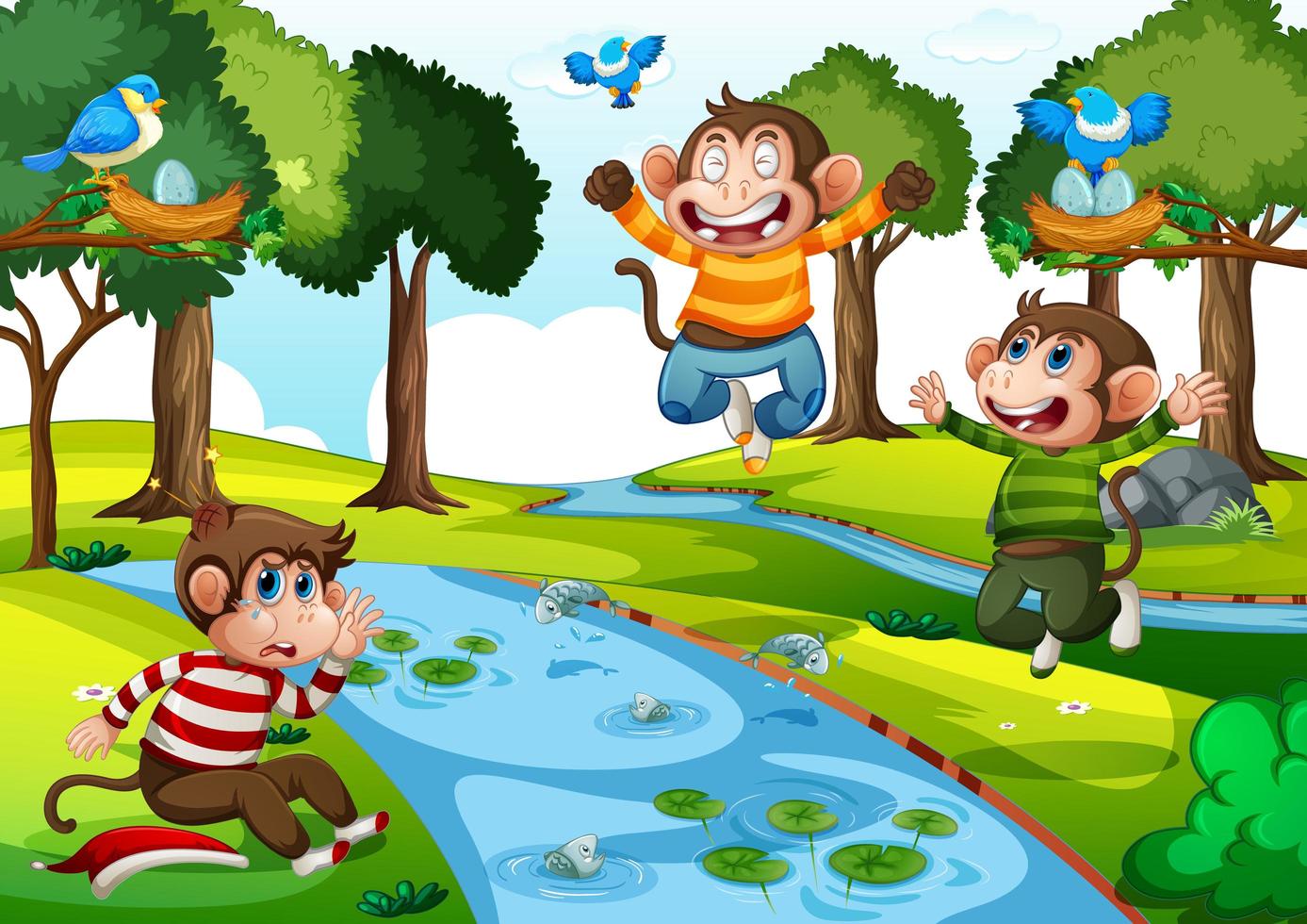 Three little monkeys jumping in the park scene vector