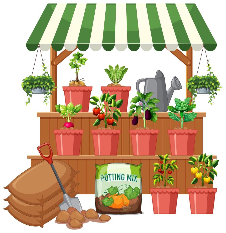 Tienda de plantas con muchos árboles vegetales sobre fondo blanco. vector