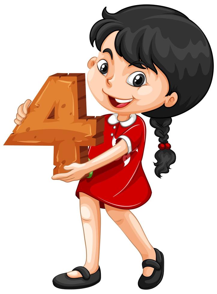 niña asiática sosteniendo matemáticas número cuatro vector
