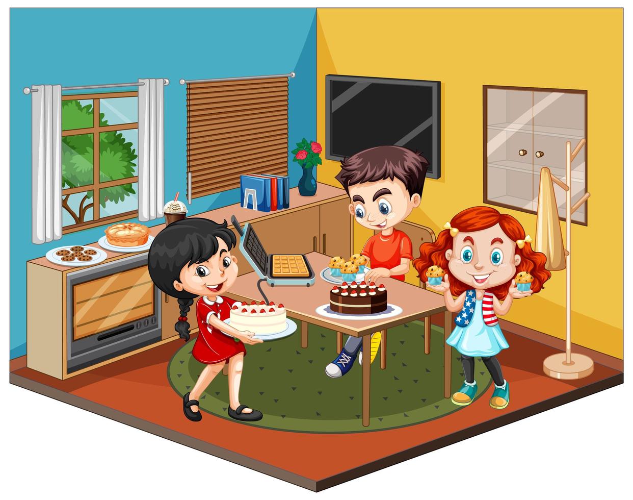 Kids in the dinning room scene on white background vector