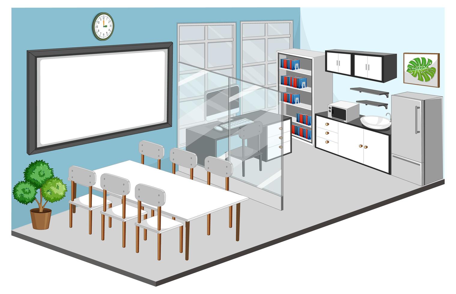 Sala de oficina y sala de reuniones interior con muebles. vector