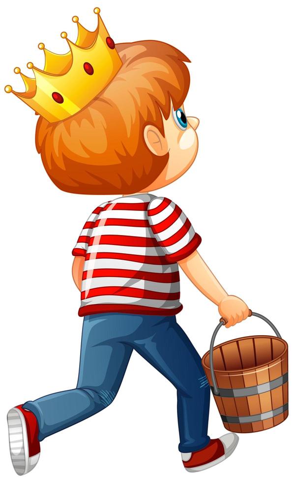 Parte posterior de un niño sosteniendo un personaje de dibujos animados de cubo de madera aislado sobre fondo blanco. vector