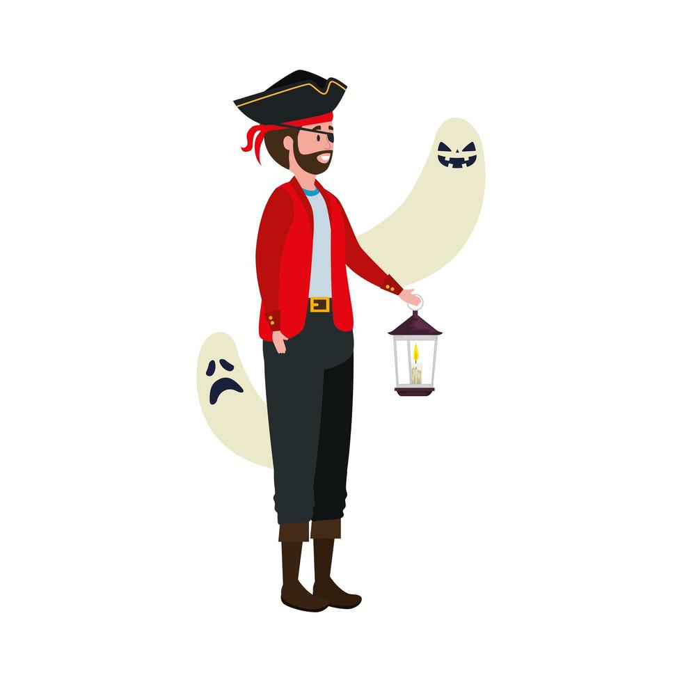 Man in pirate costume with lantern and ghosts vector