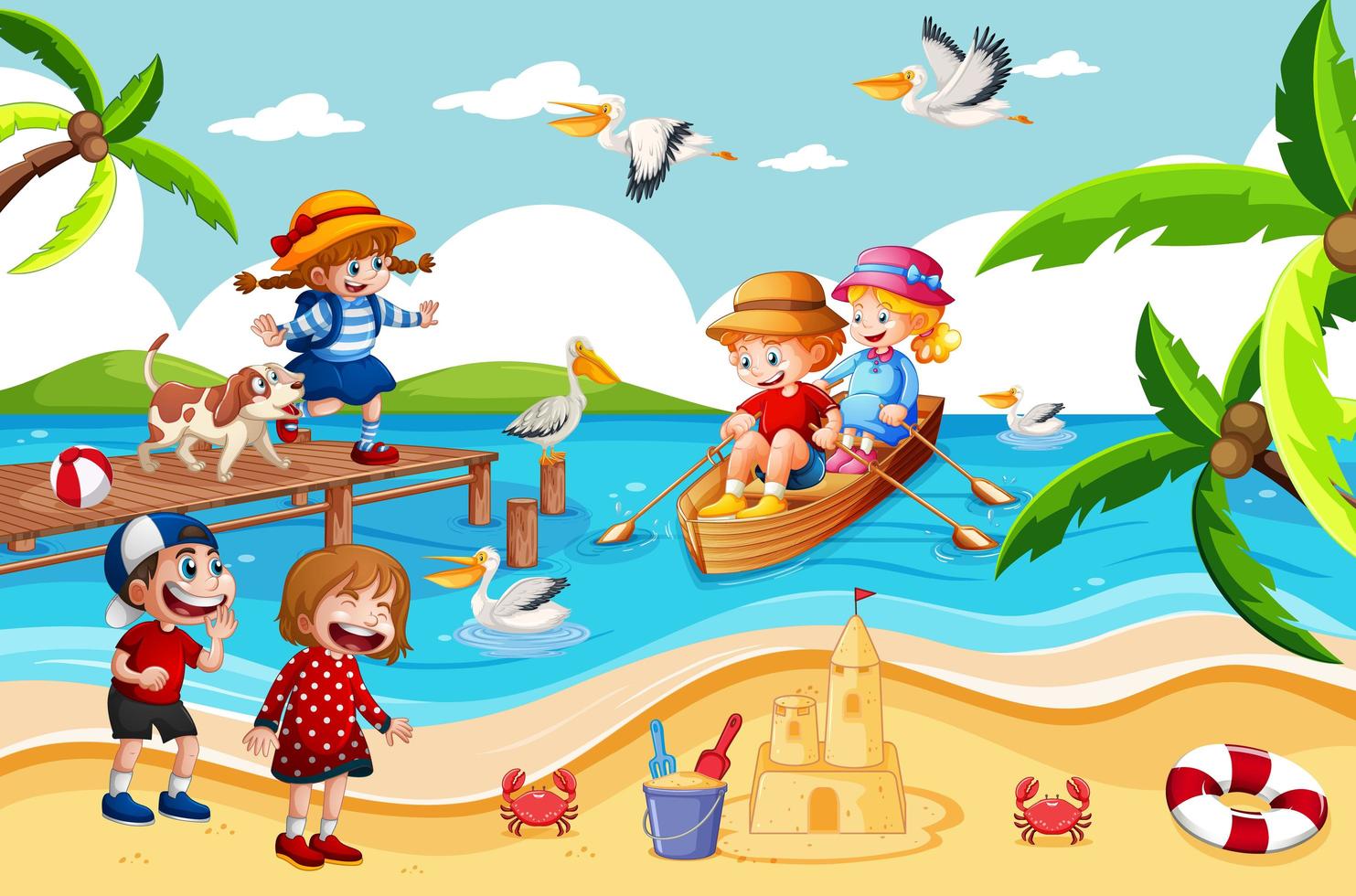 Children row the boat in the beach scene vector