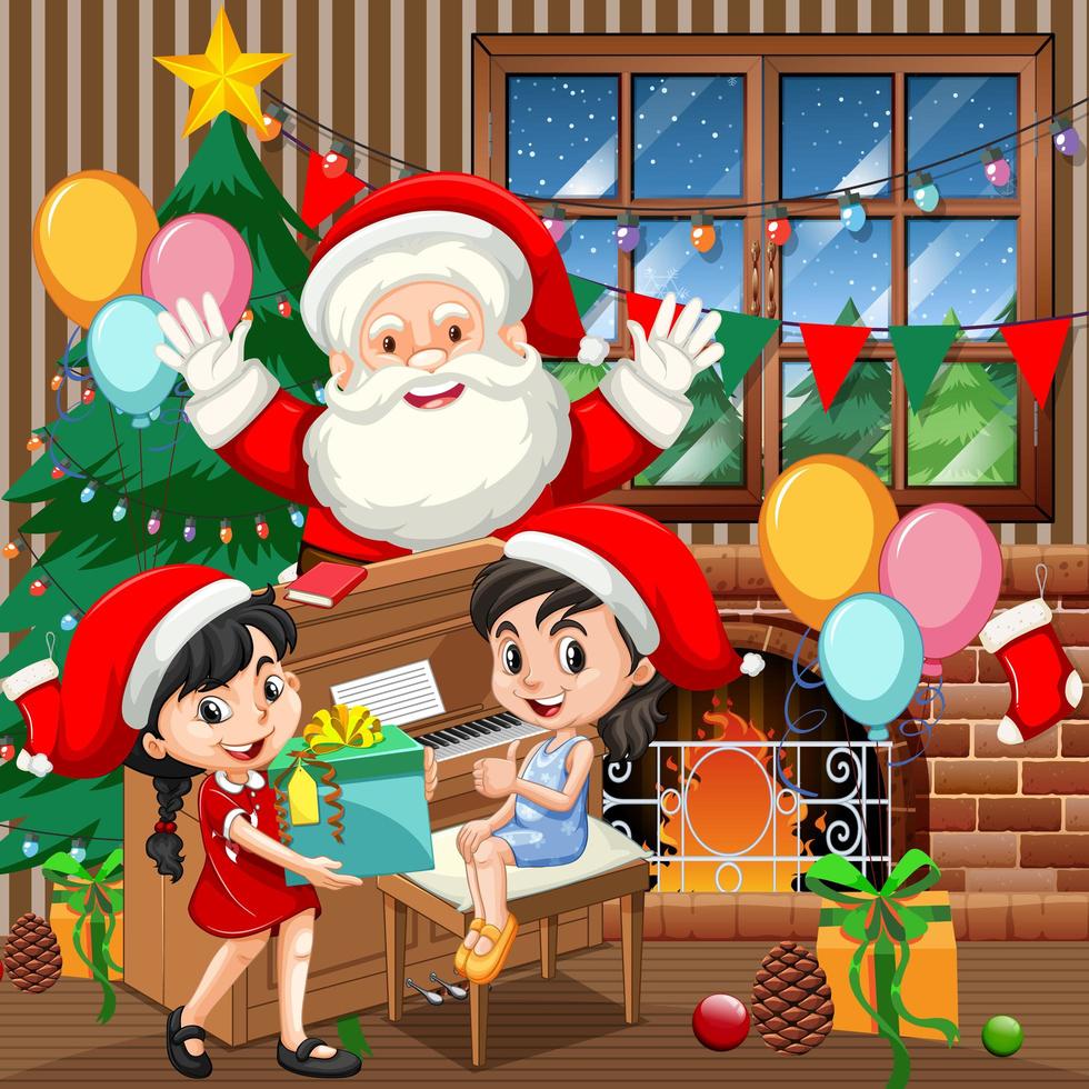 Santa Claus with two girl playing piano in christmas day scene vector