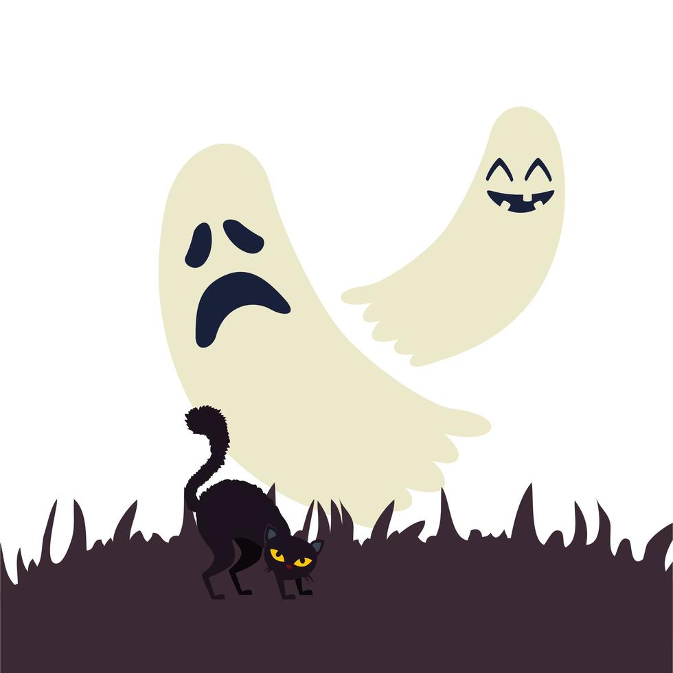 fantasmas de halloween con gato negro vector