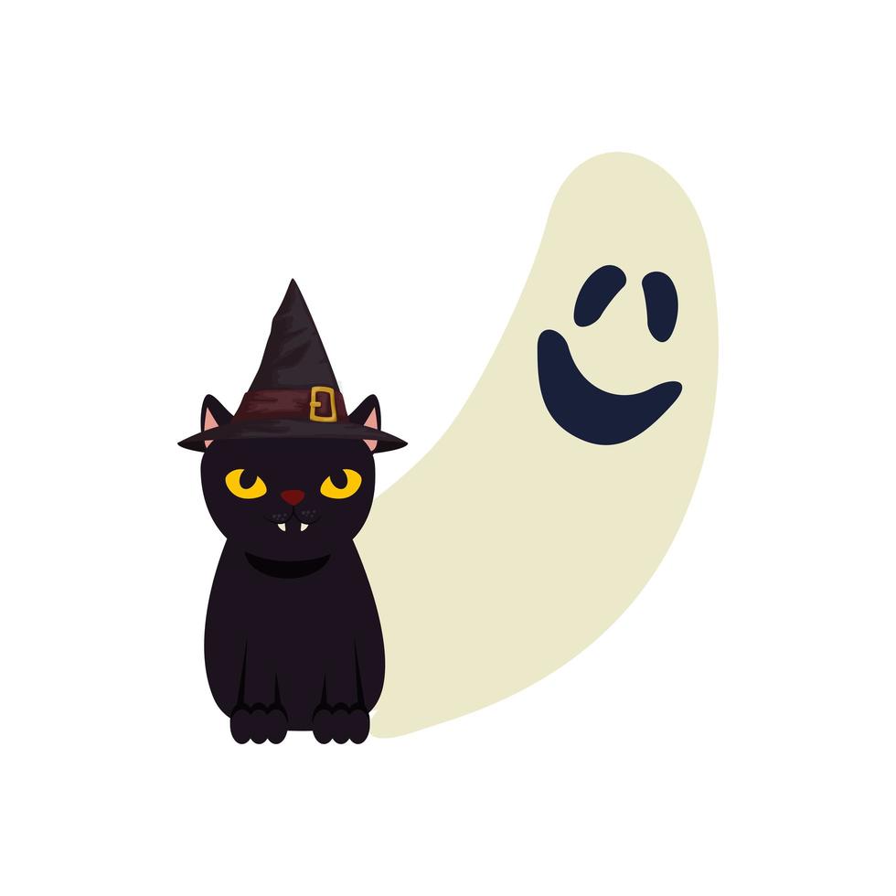 fantasma de halloween y gato negro vector