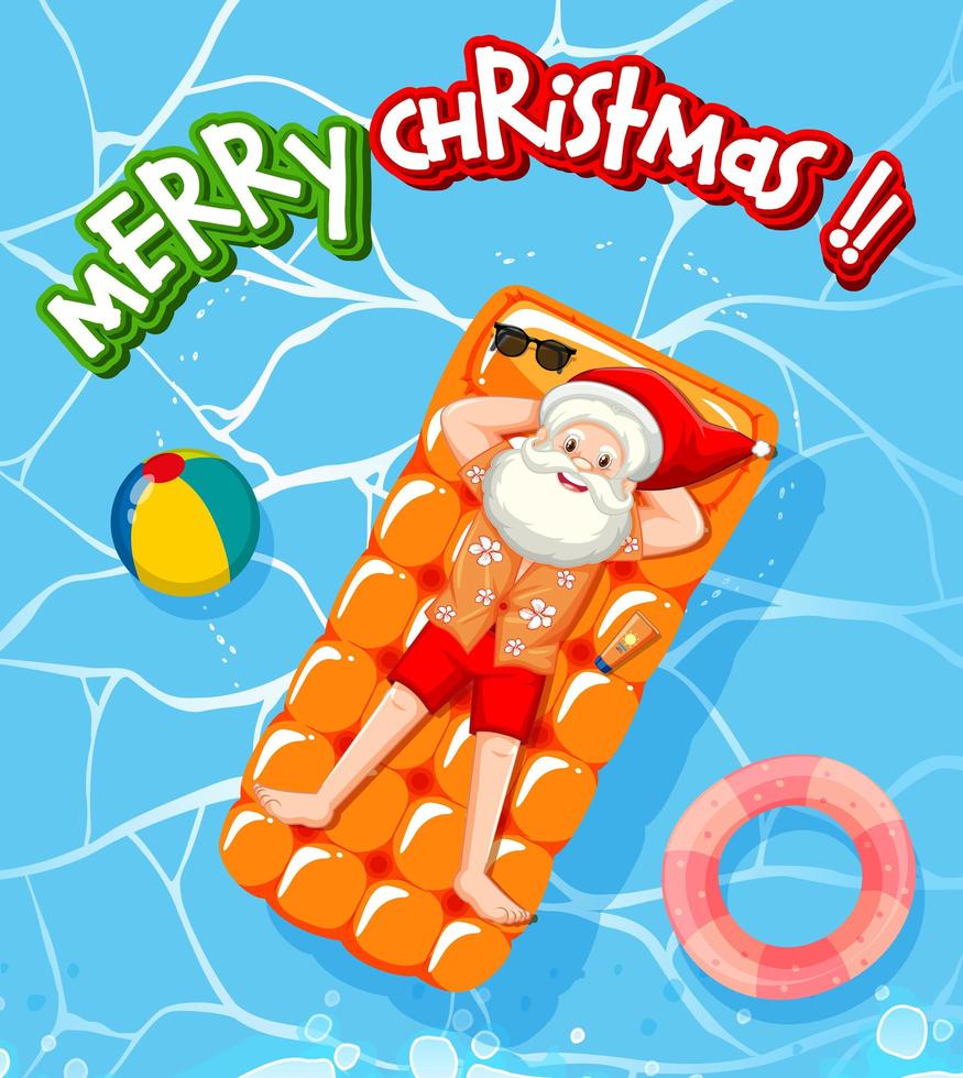 Merry Christmas font with Santa Claus relax in the pool summer theme vector