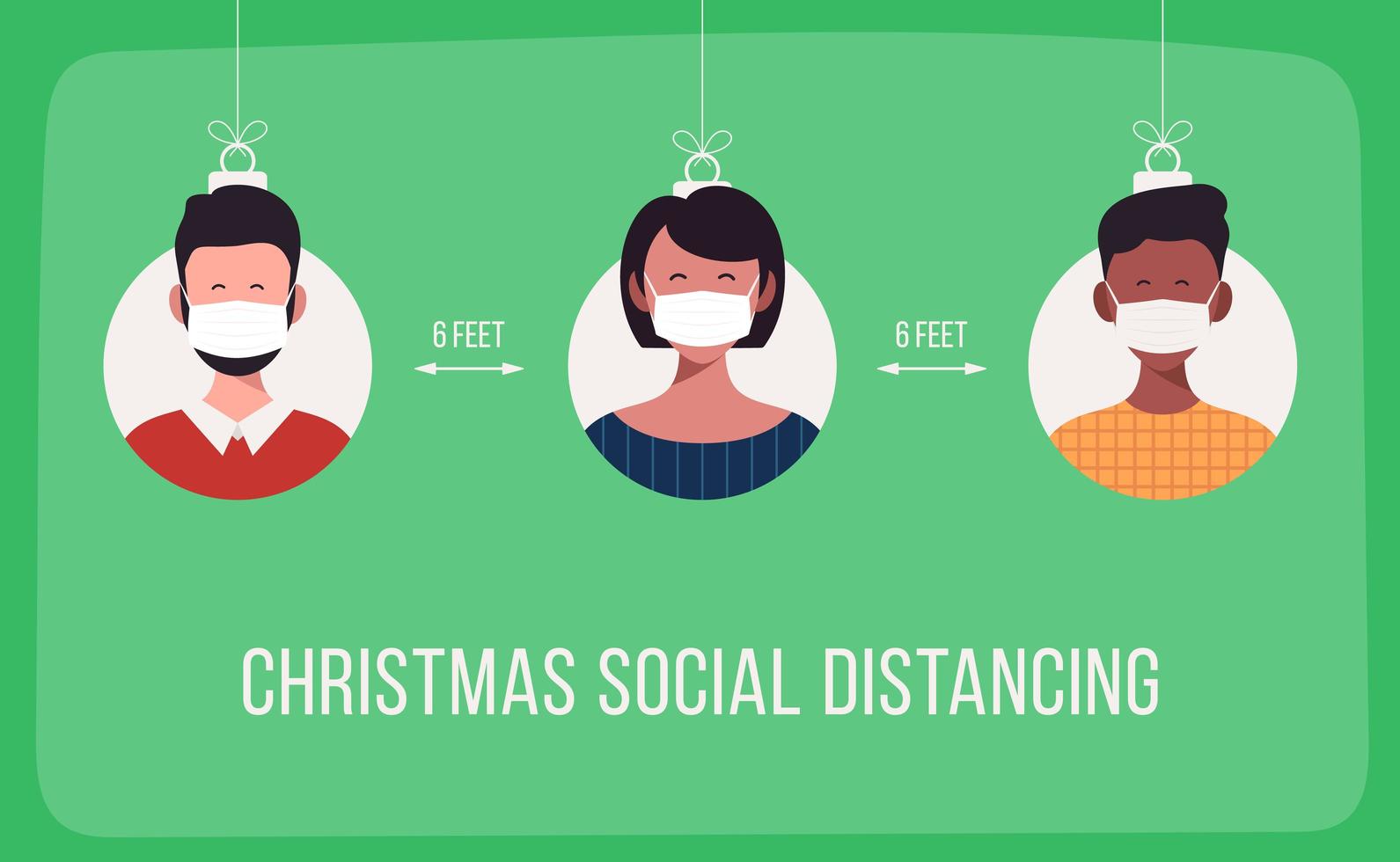 Christmas social distancing banner with masked people ornaments vector