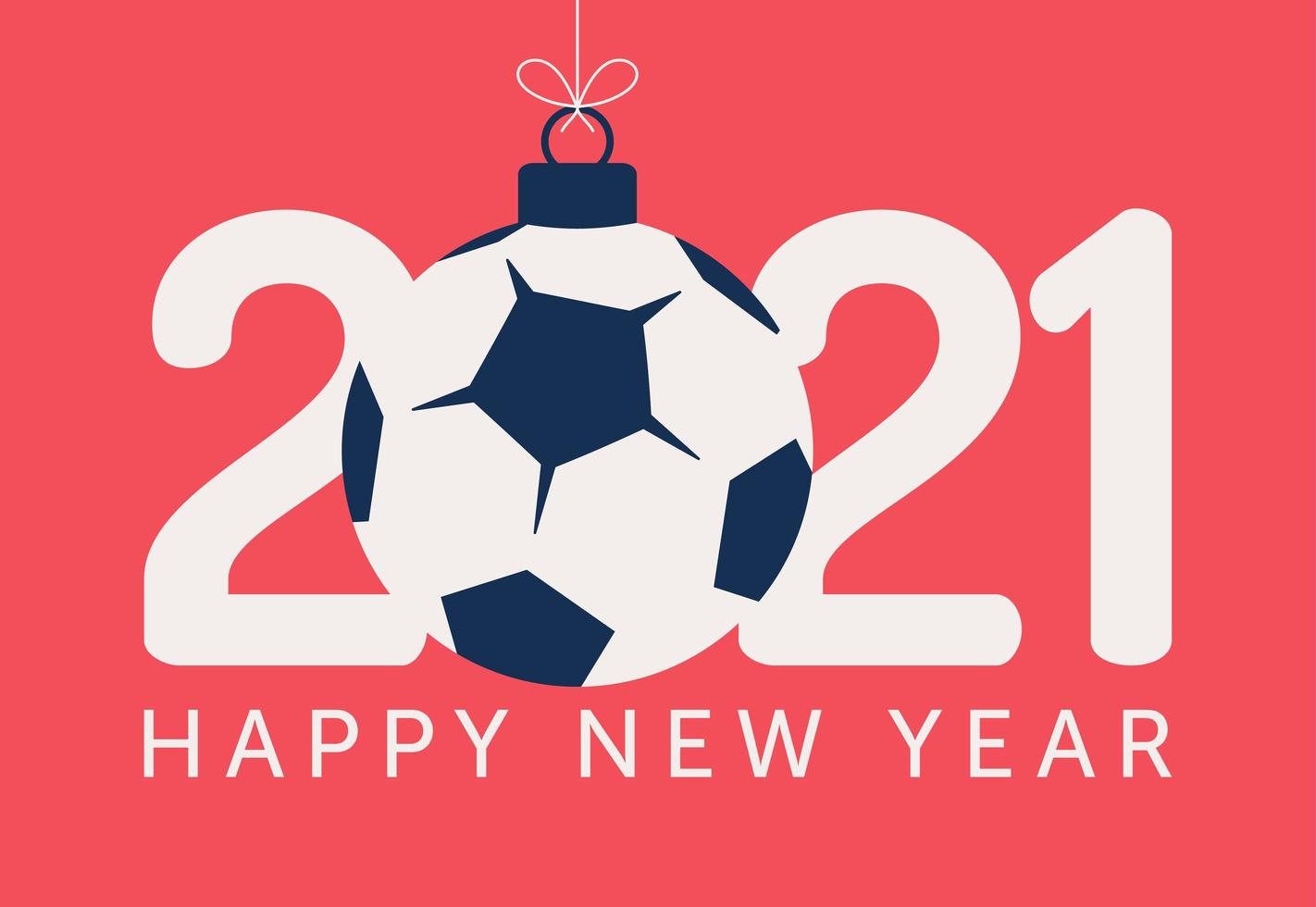 Tipografía de año nuevo 2021 con adornos de fútbol o fútbol. vector