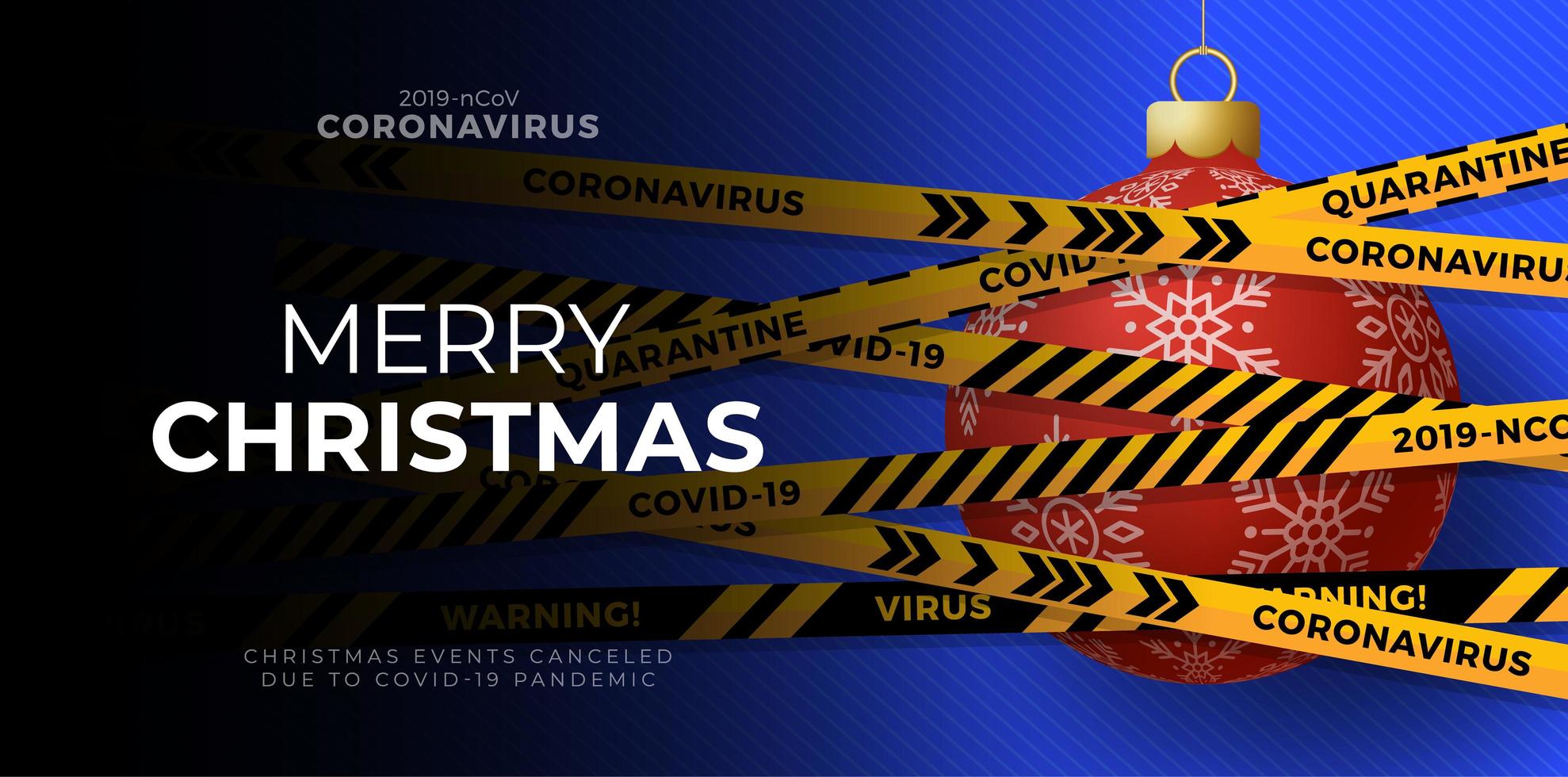 Red christmas ball covered by Coronavirus caution tape vector