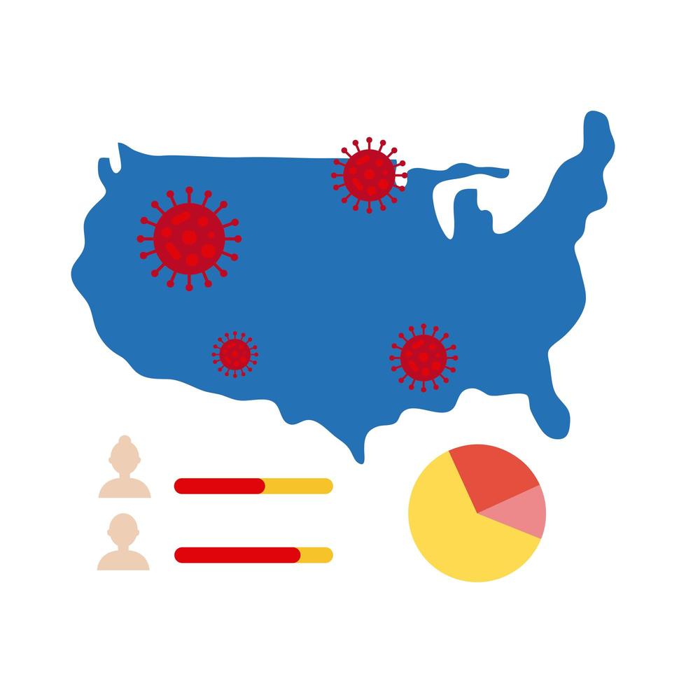 Mapa de Estados Unidos con icono de infografía de coronavirus vector