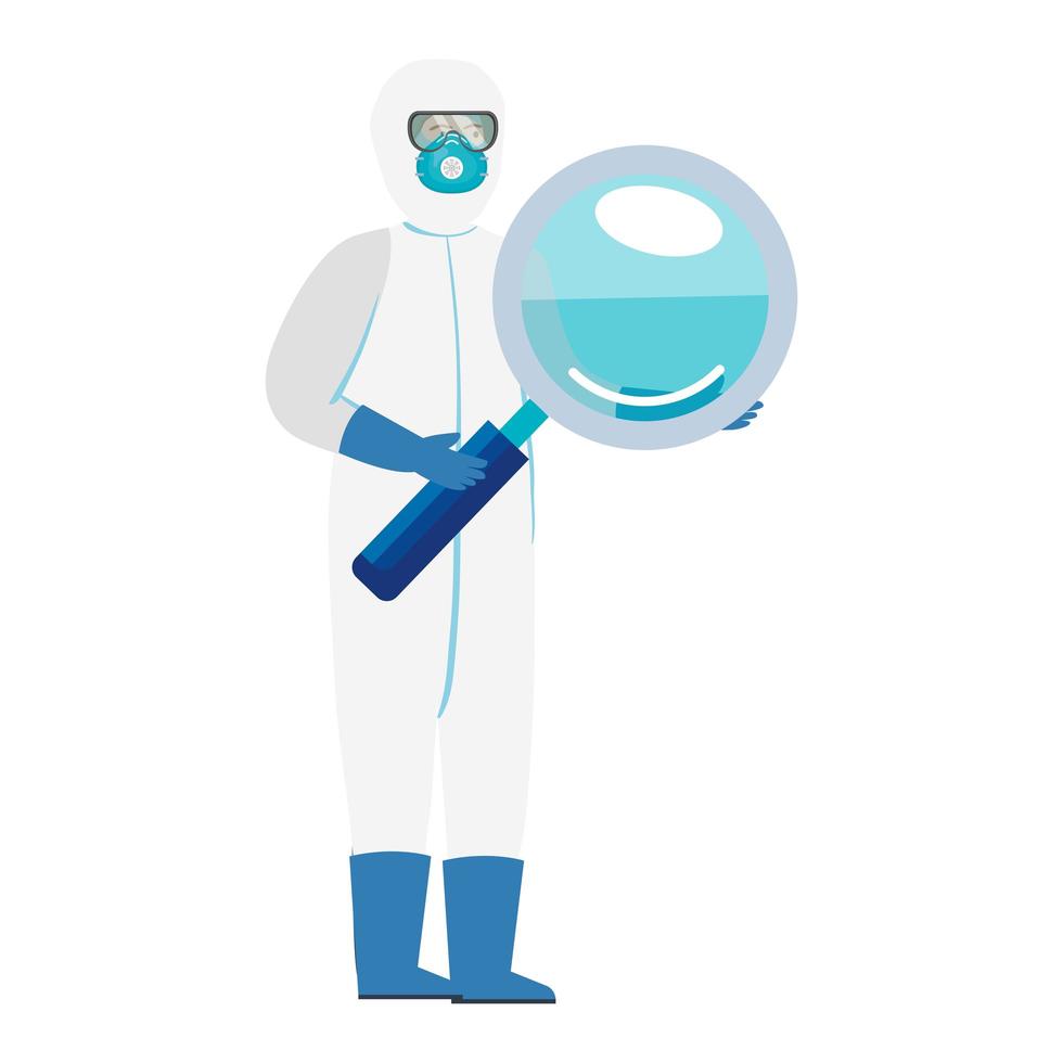 Person in hazmat suit protection and magnifying glass vector