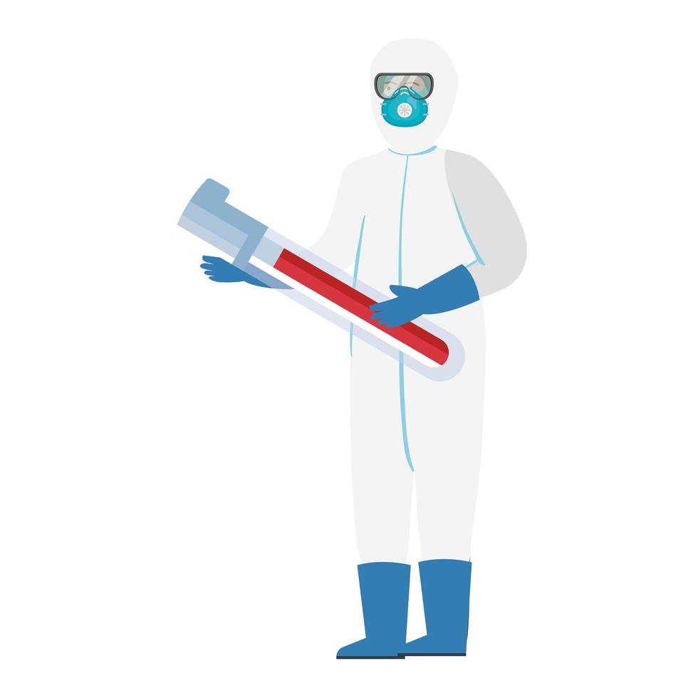 Person in a hazmat suit and test tube vector