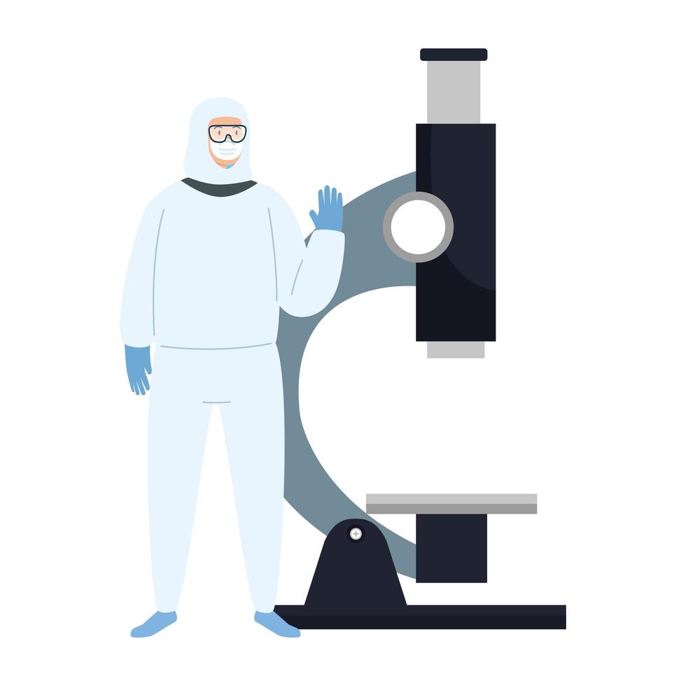 Person in a hazmat suit and microscope vector