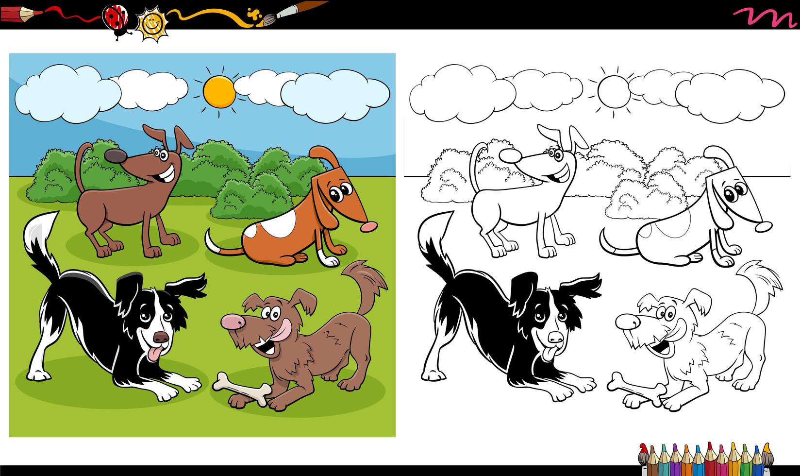 Cartoon dogs and puppies group coloring book page vector