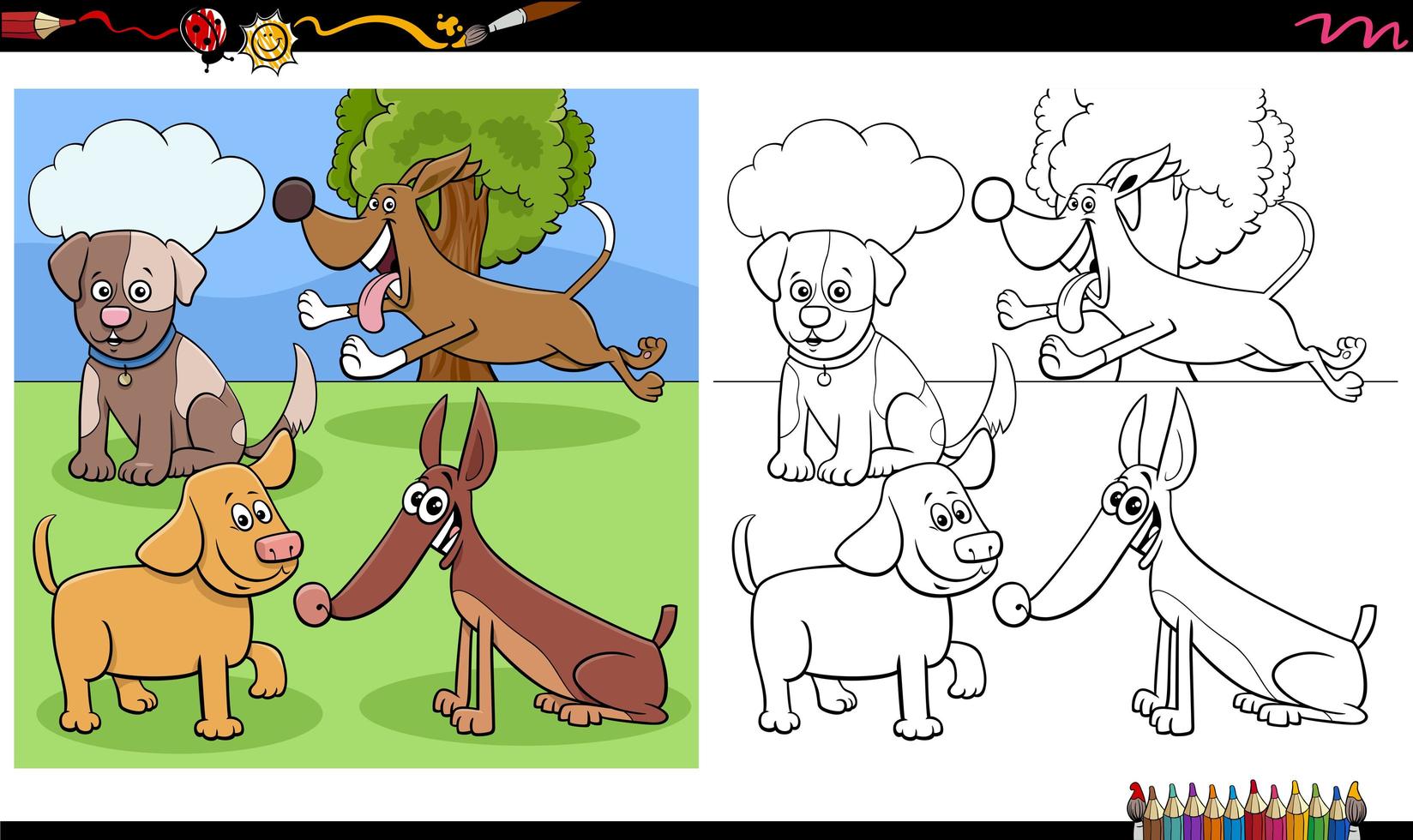 Dogs and puppies characters group coloring book page vector