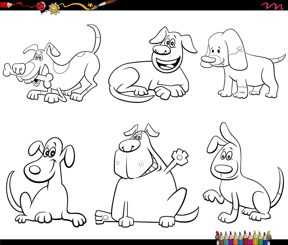 Cartoon dog characters set coloring book page vector