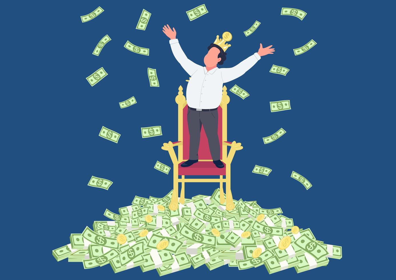 Successful businessman with crown on pile of money vector